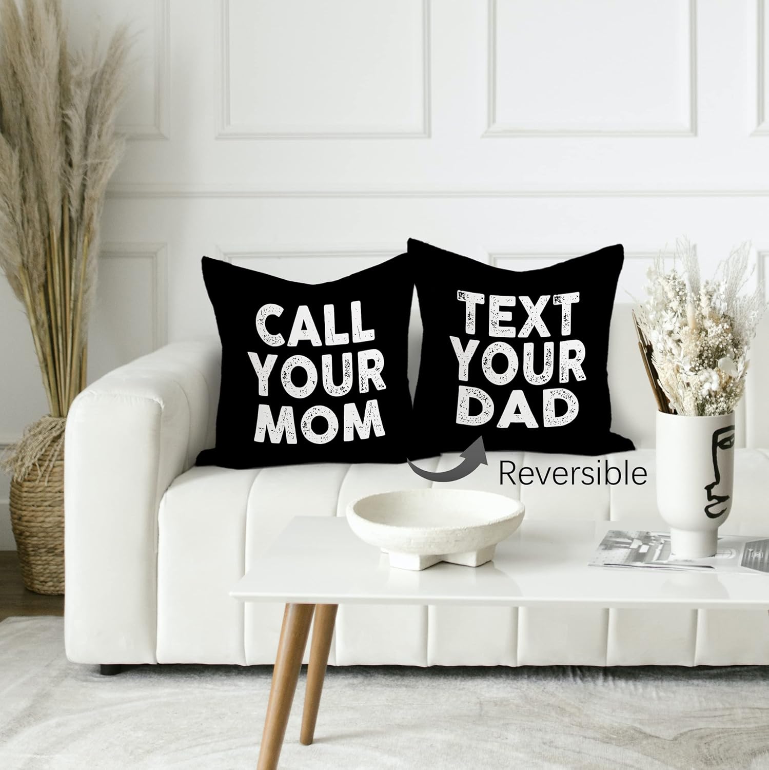 Call Your Mom Text Your Dad – Fundas de almohada reversibles, color negro, decoración de dormitorio universitario, funda de almohada de 18 x 18