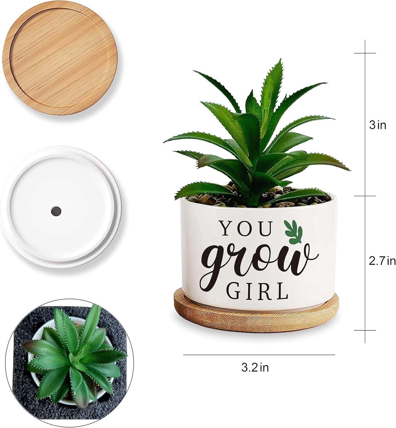 Msyueos Macetas para suculentas You Grow Girl con bandeja de bambú, maceta de interior para hija, hermana, mujer, amigas, compañeras de trabajo,