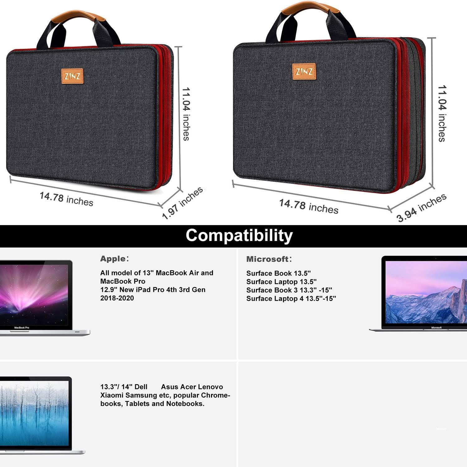 ZINZ Funda delgada y expandible para portátil de 13, 14, 15, 16 pulgadas, bolsa de almacenamiento multiusos para accesorios de computadora