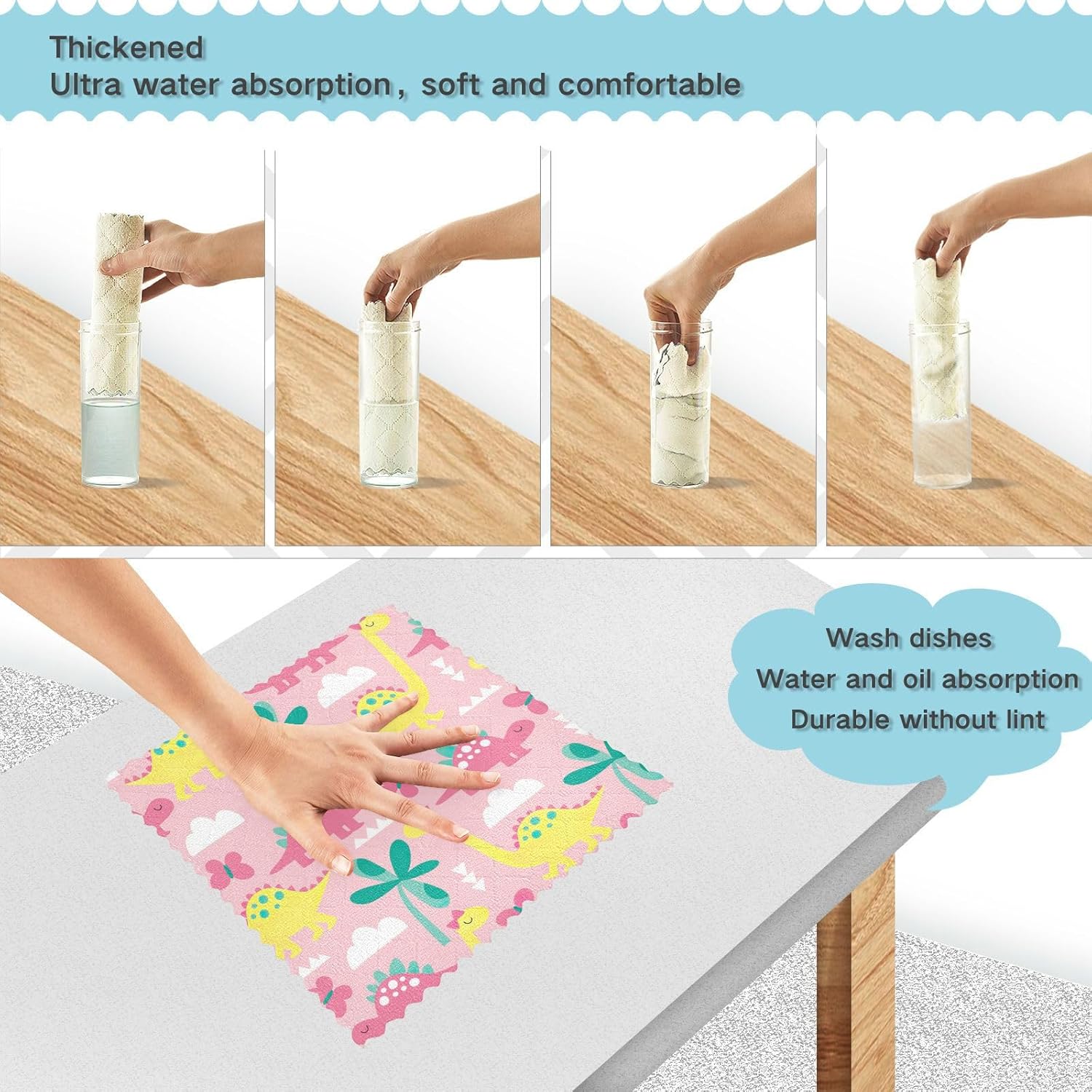 FRODOTGV Pink Dinosaur Kawaii Quality Decor Towels for Drying Dishes Fast Drying Set of 6 Microfiber Drying Towel Kitchen for Bathroom Oven