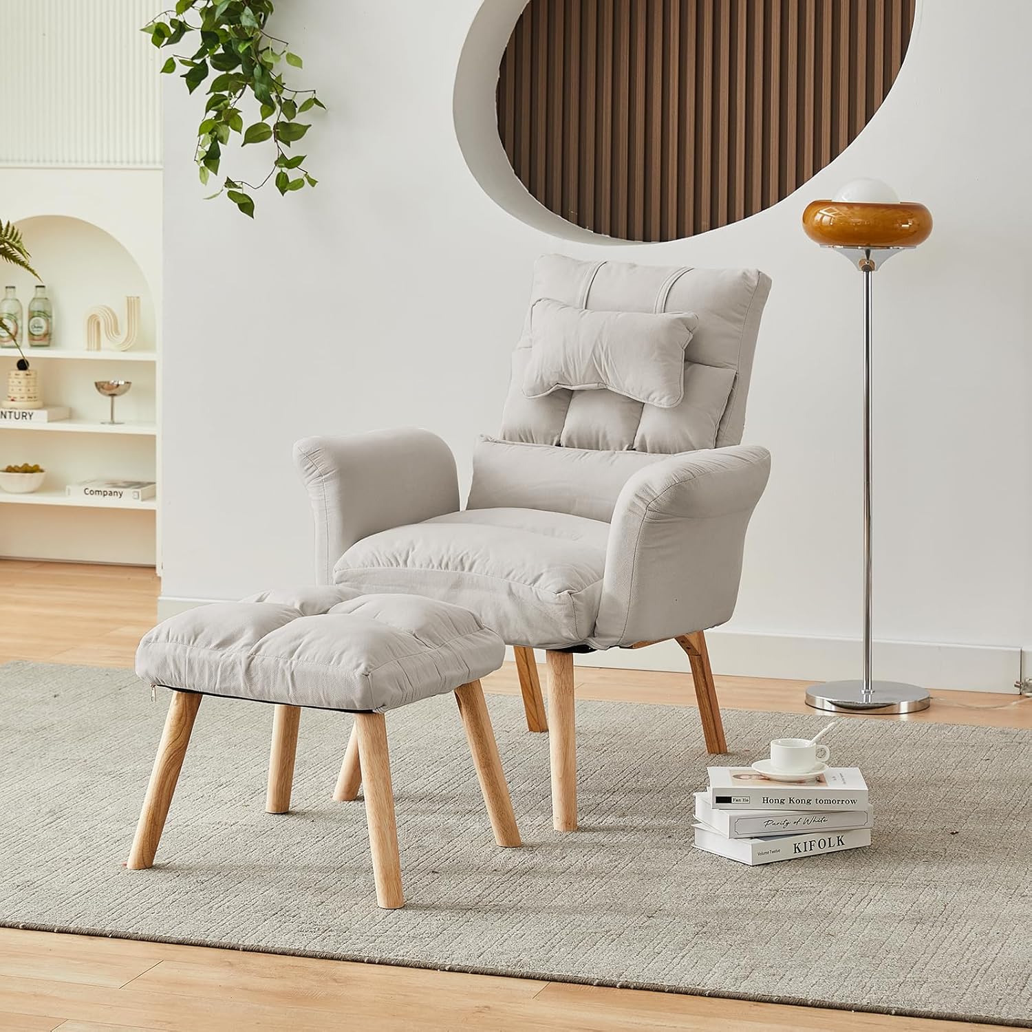 CLIPOP Silla decorativa moderna con otomana, sillón de tela de lino con respaldo ajustable (5 ángulos), patas de madera maciza, cómoda silla de