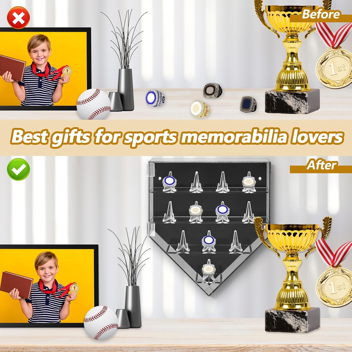 Remuuly Vitrina para anillo de campeonato, 12 postes de anillo, soporte para anillo de béisbol, baloncesto, softbol, caja de exhibición con puerta
