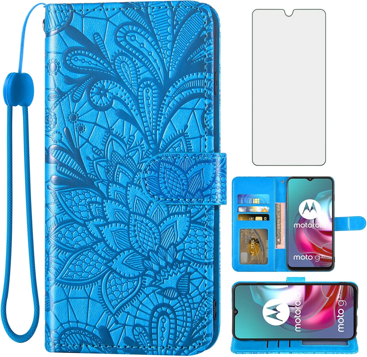 Asuwish Funda de teléfono para Moto G30G20G1010 Power 2021 con protector de pantalla y funda de cartera de encaje, soporte para tarjetas, accesorios