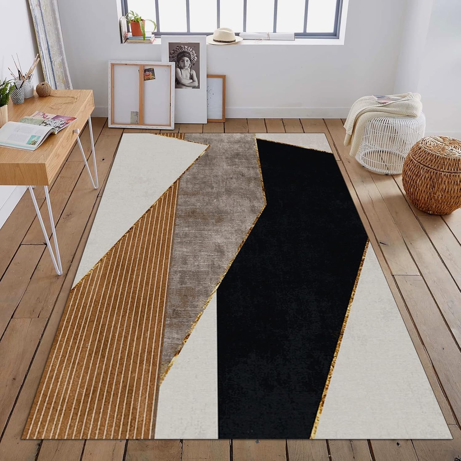 Alfombra simple de área blanca y negra, moderna, geométrica a rayas marrones, suave, antideslizante, lavable a máquina, para estudio, entrada,