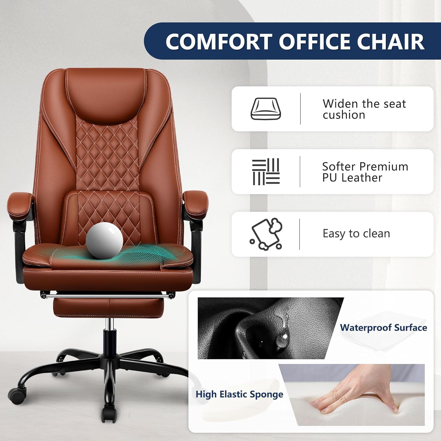 Guessky Silla de oficina ejecutiva, silla de oficina reclinable de cuero grande y alta con reposapiés, respaldo alto, silla de escritorio de oficina