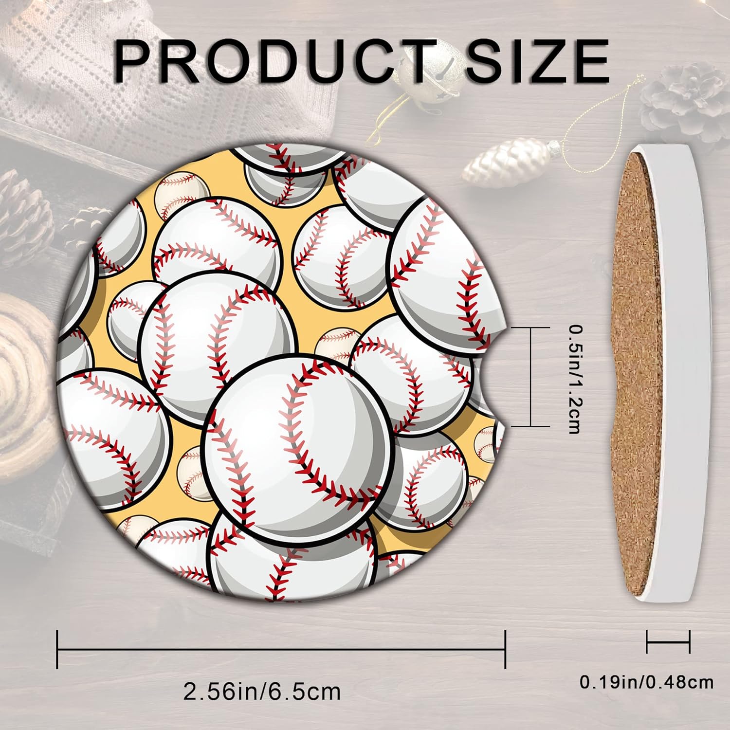 Juego de 2 posavasos de béisbol y sóftbol para automóvil para bebidas, juego de 2 posavasos absorbentes de piedra de cerámica con muesca de dedo y