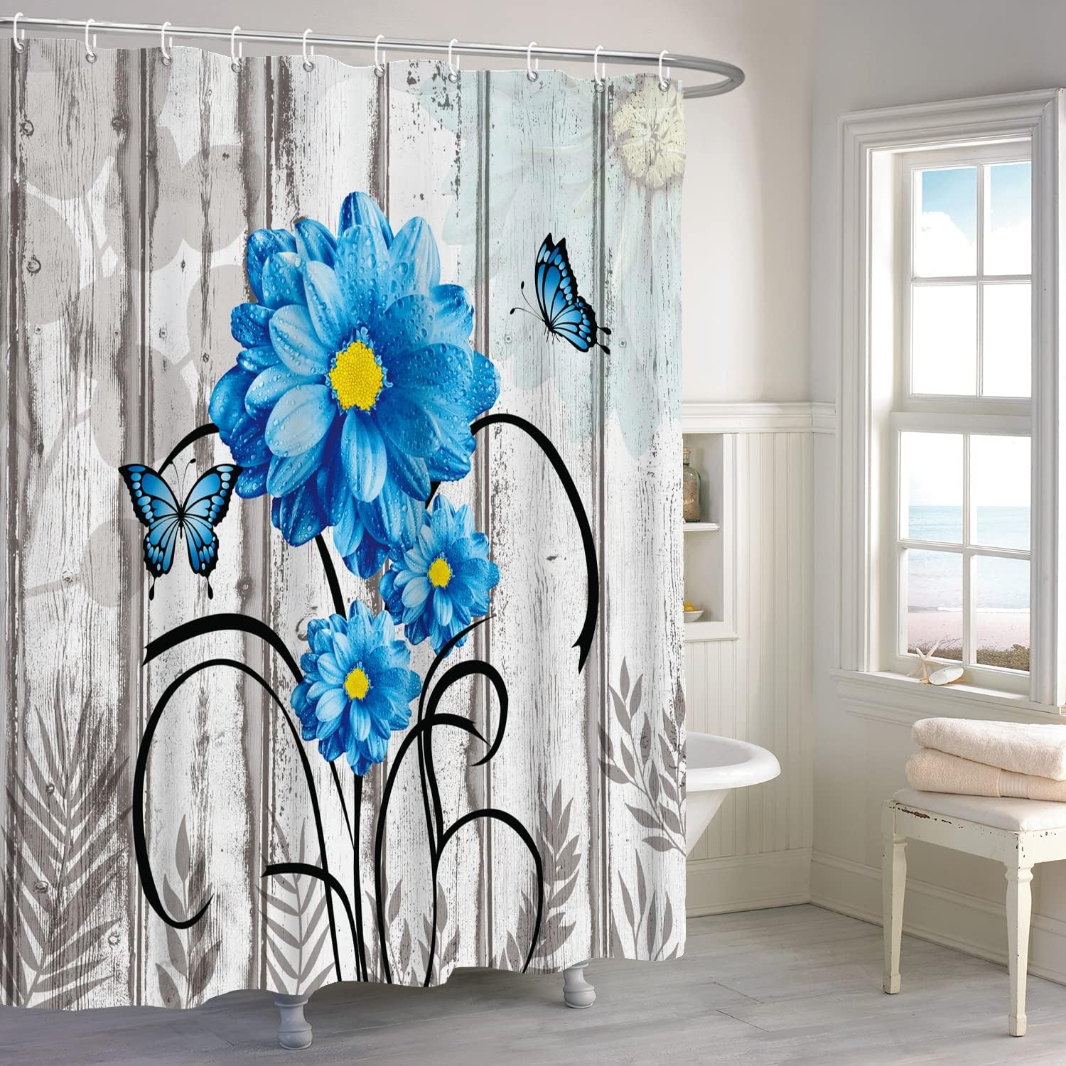Cortinas de ducha con diseño de mariposas florales para baño, cortina de ducha rústica, tela de margaritas azules sobre madera campestre, juego de