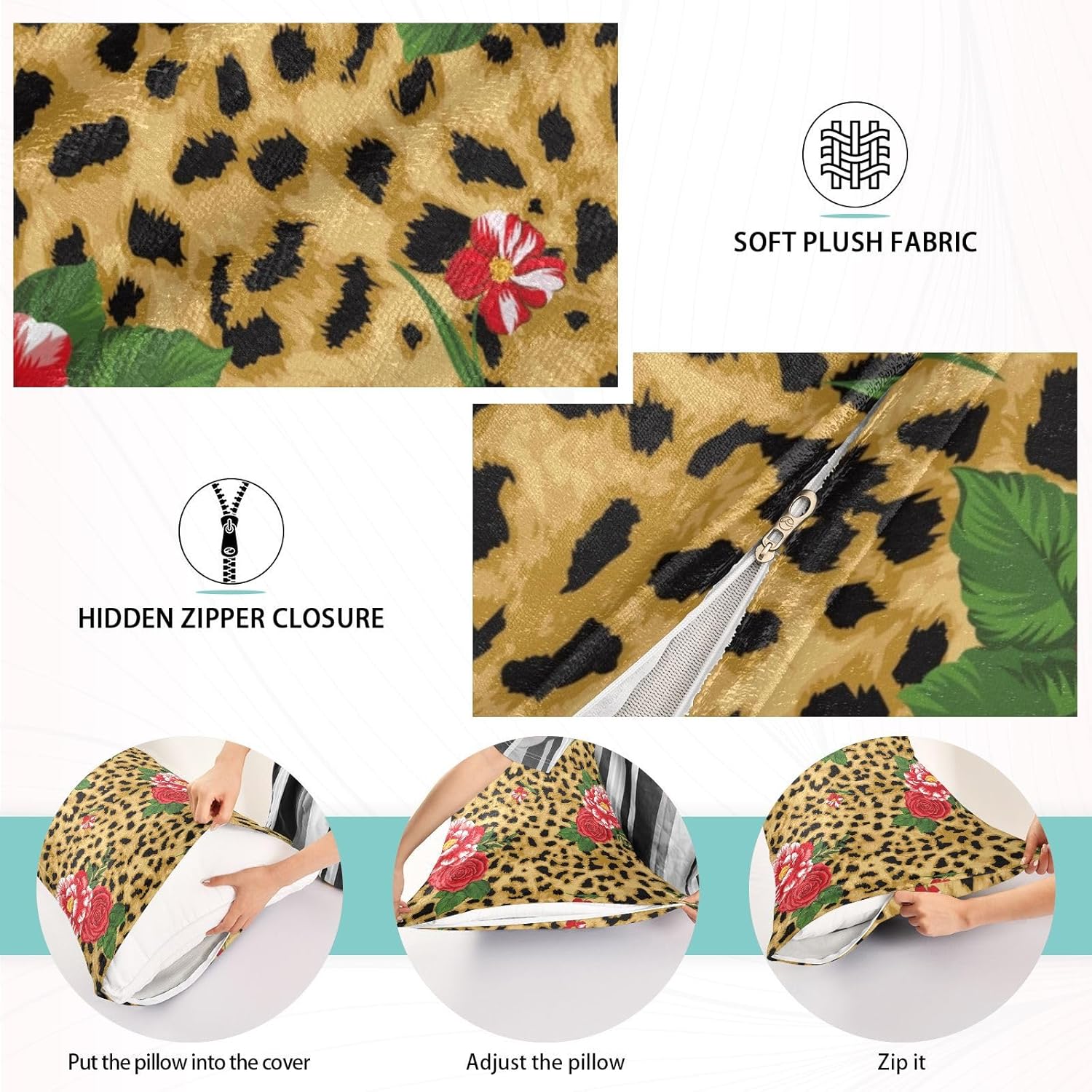 Fundas de almohada con estampado de leopardo rosa, tamaño estándar, súper suave, con cremallera, fundas de almohada de microfibra lavada para el