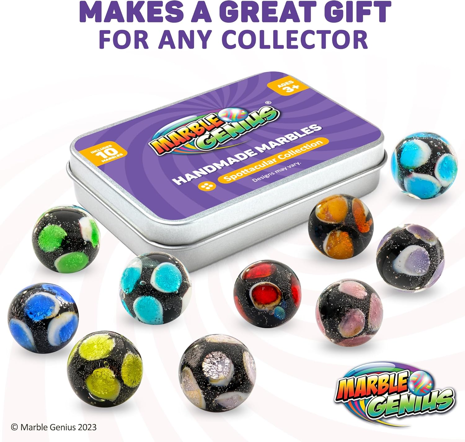 Marble Genius Canicas para coleccionistas, manchas, 0.630 in, juego de 10 canicas de coleccionista de vidrio coloridas hechas a mano, regalos para