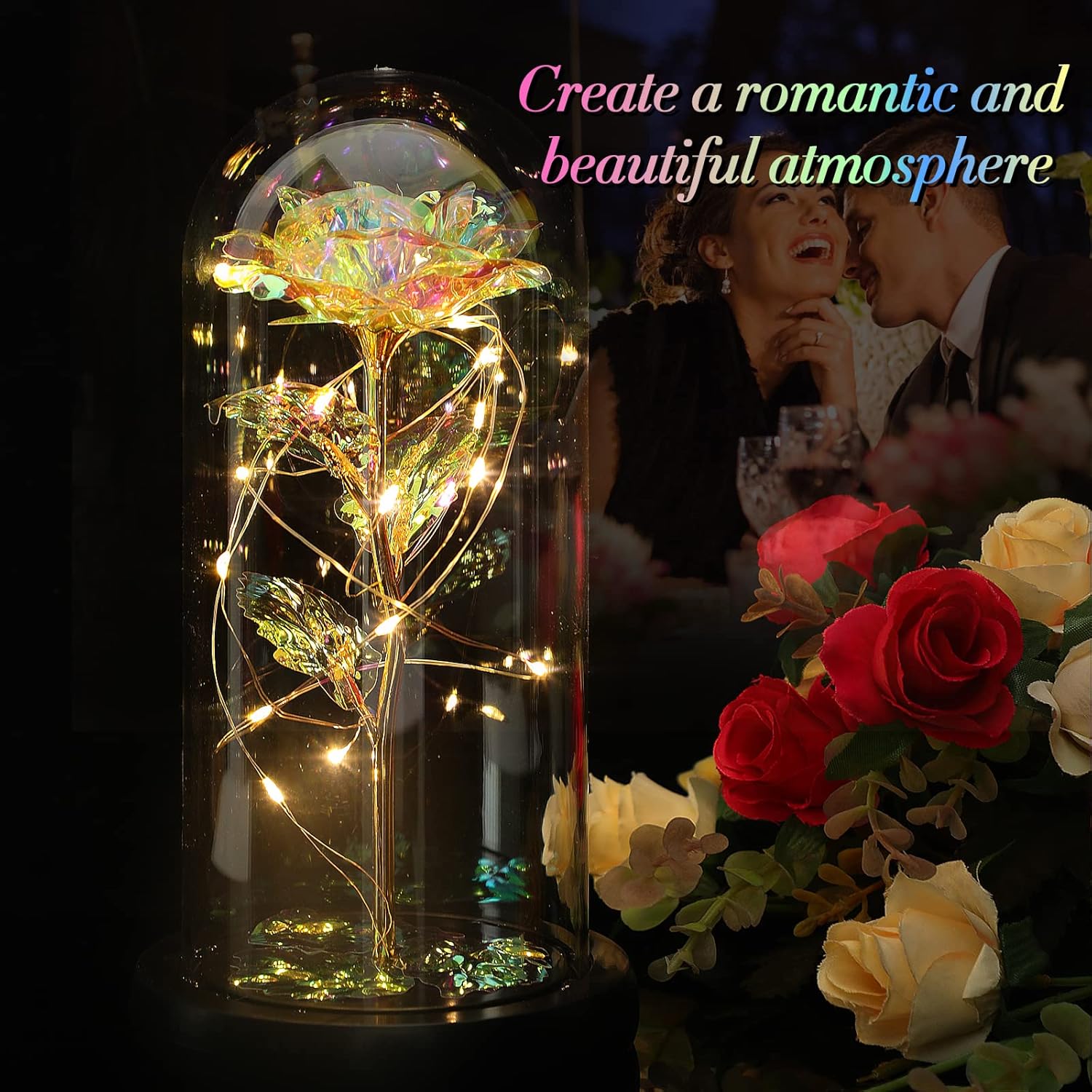 Regalos de rosas iluminadas para mujeres, regalos de rosas de cristal para mamá, novia, esposa, amiga, amante, boda, rosa transparente iluminada en