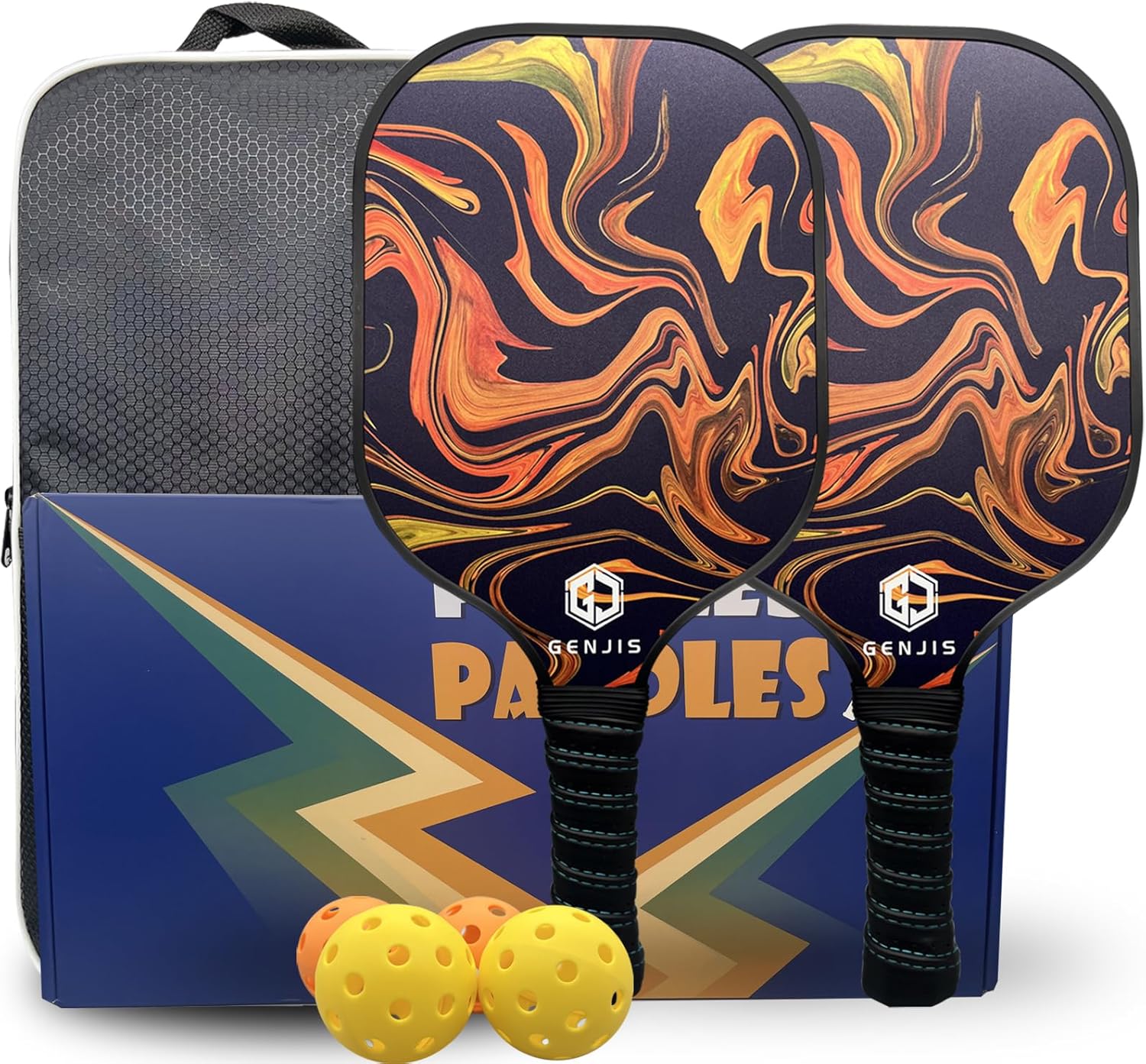 Juego de 2 palas de pickleball para pickleball, paquete de 2, superficie de fibra de vidrio, núcleo de panal de abeja ligero con 4 bolas y 1 bolsa