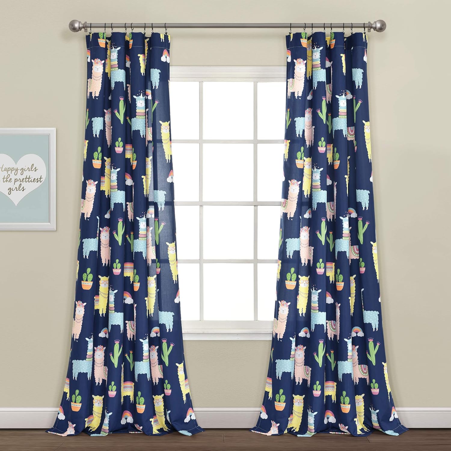 Lush Decor Southwest – Panel de cortina de ventana de cactus llama, par, 52 pulgadas de ancho x 84 pulgadas de largo, azul marino y amarillo,