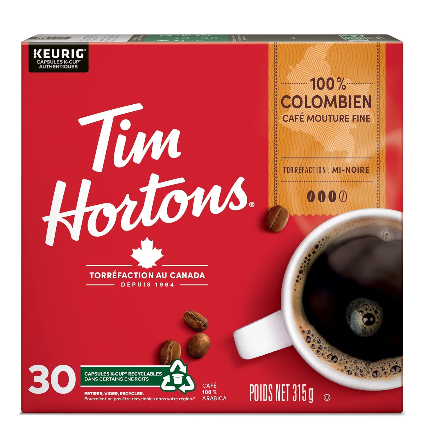 Tim Hortons Café colombiano, cápsulas Keurig K-Cup de una sola porción, tostado medio oscuro, 30 unidades Importado de Canadá