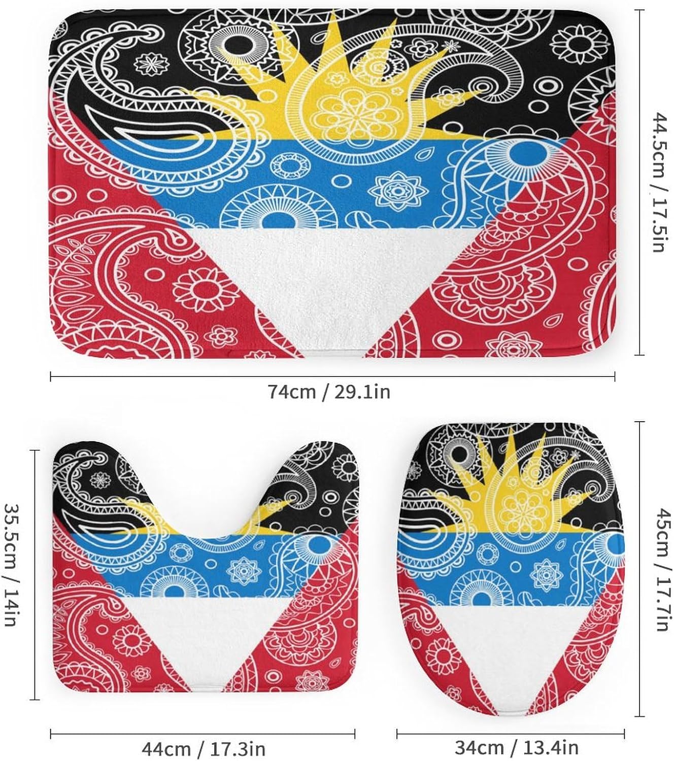 Juego de 4 cortinas de ducha con diseño de bandera de cachemira de Antigua y Barbuda, con alfombra antideslizante, cubierta suave para tapa de
