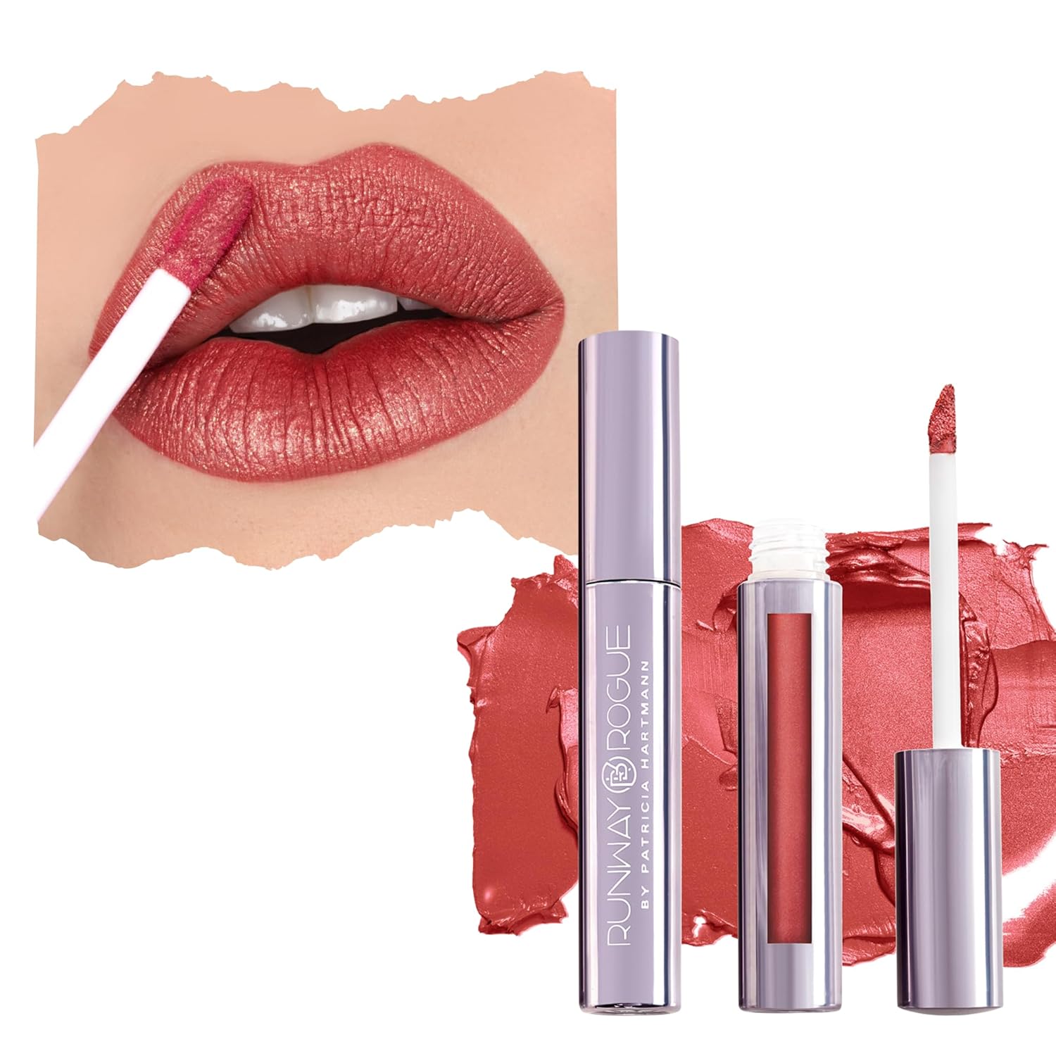 Runway Rogue Pearl Glam – Lápiz labial líquido brillante de larga duración, lápiz labial rojo terroso suave con brillo dorado, tasa de día
