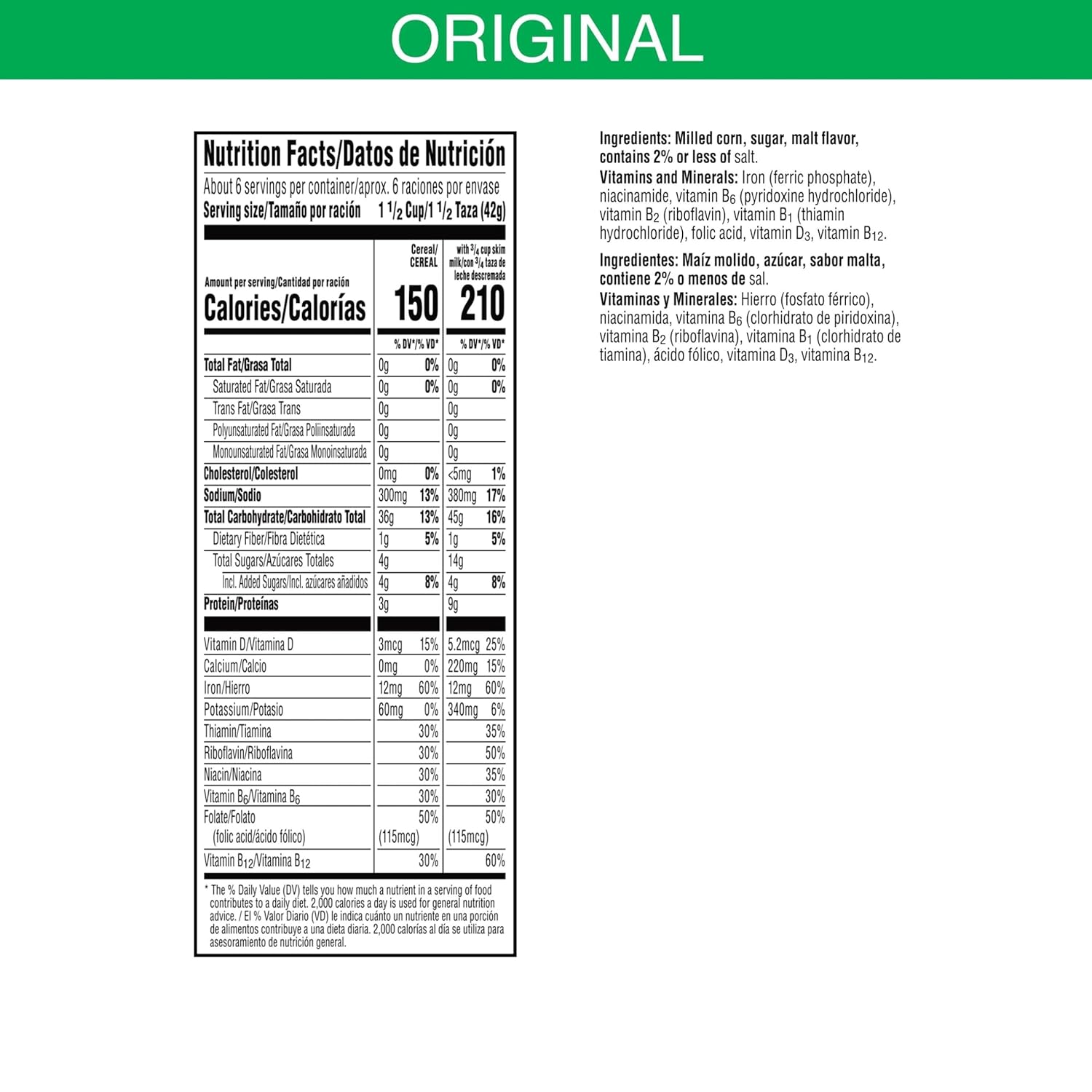 Kellogg’s Corn Flakes – Cereal para el desayuno, 8 vitaminas y minerales, aperitivos saludables, original, caja de 9.6 onzas (1 caja)