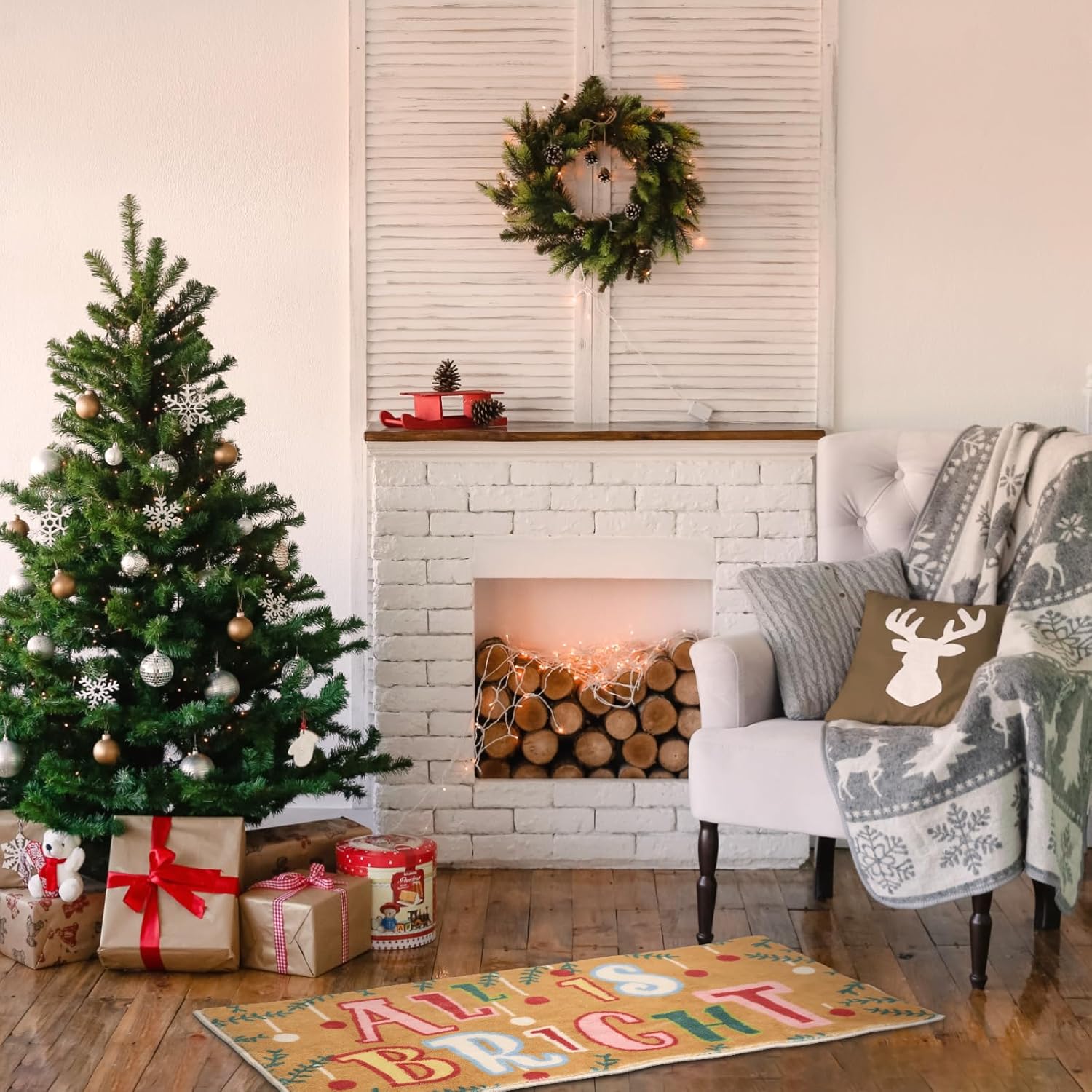 Timgle Tapete de puerta de Navidad de felpa colorida, decoración brillante, tapete de bienvenida para interiores y exteriores, antideslizante, con