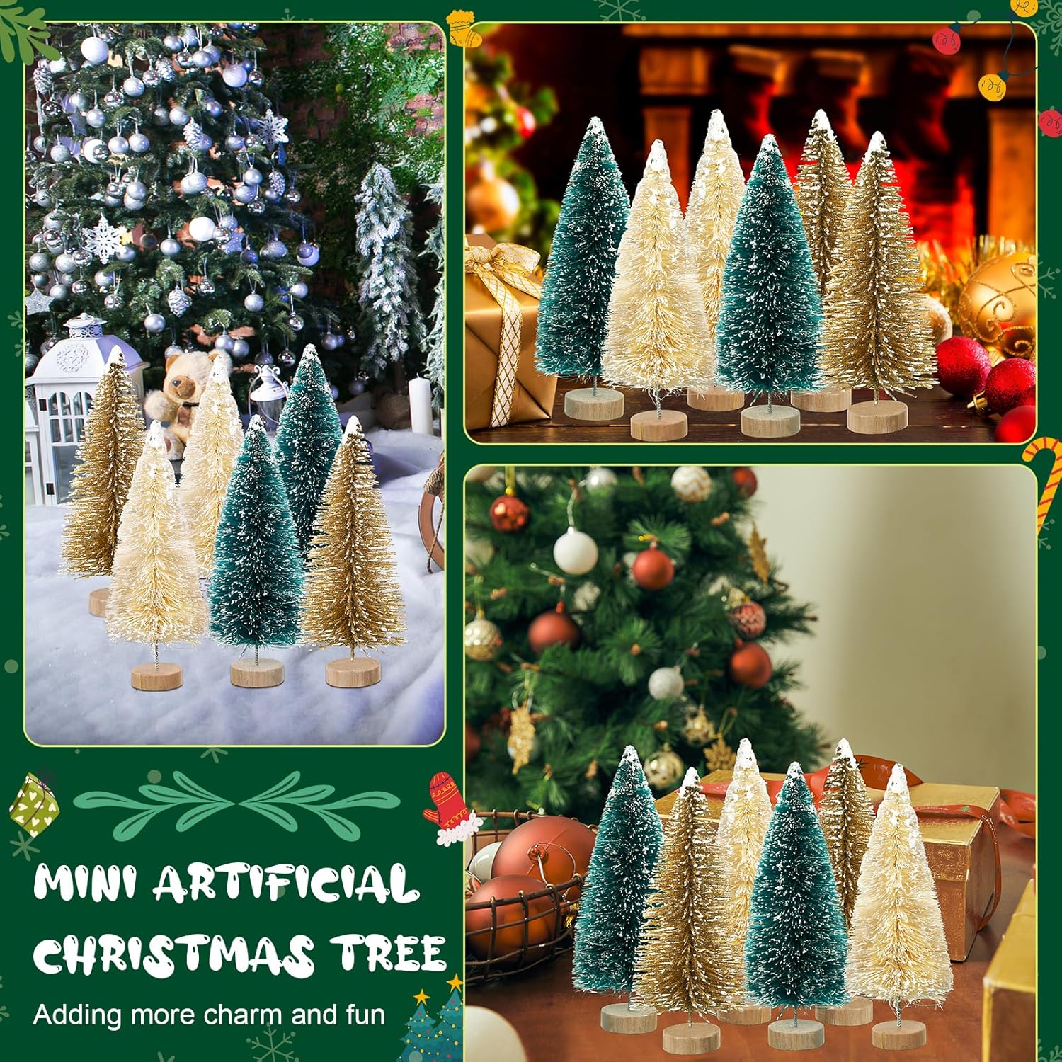 Yuxung 24 mini botellas de árbol de Navidad de 4 pulgadas, árboles artificiales de sisal esmerilado con base de madera para decoración de Navidad y