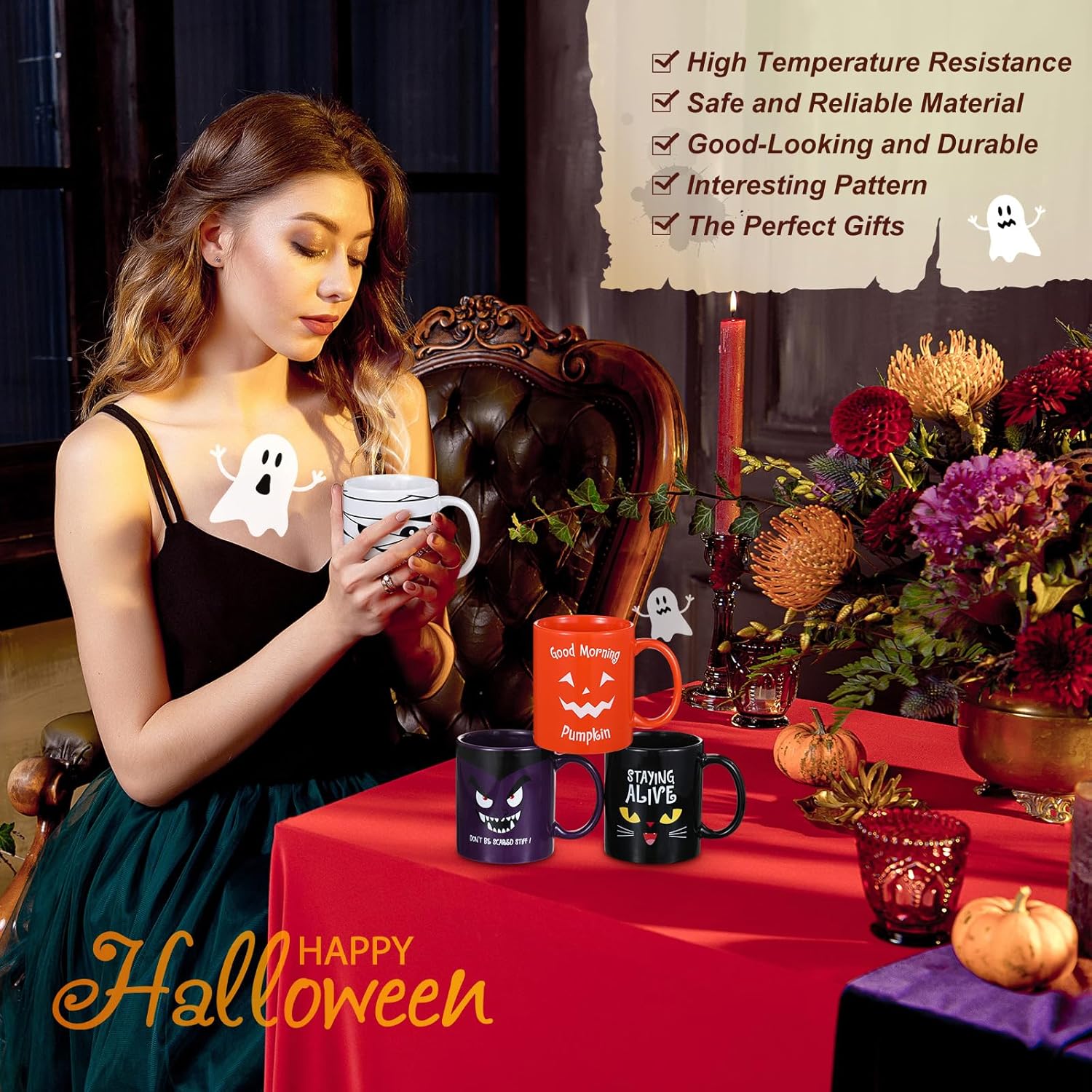 Lallisa Juego de 6 tazas de Halloween de 13 onzas, calabazas, gatos, fantasmas, tazas de cerámica a juego para Halloween, hogar, escuela, oficina,