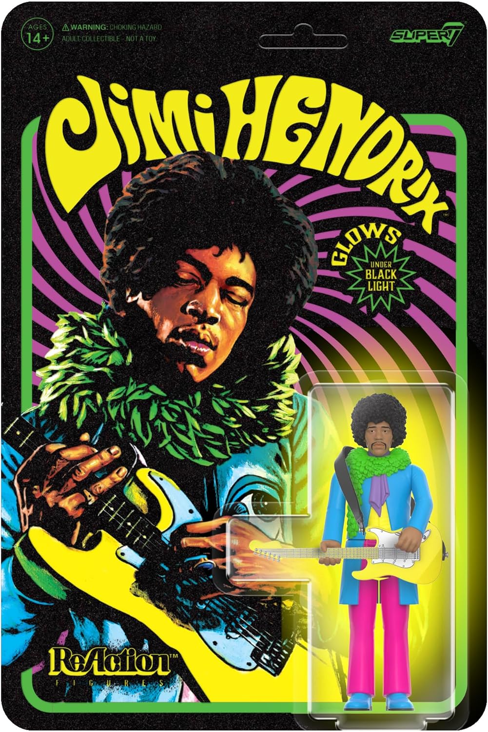 Super7 Jimi Hendrix Blacklight (Are You Experienced) – Figura de acción de Jimi Hendrix de 3.75 pulgadas con accesorio, coleccionables de rock
