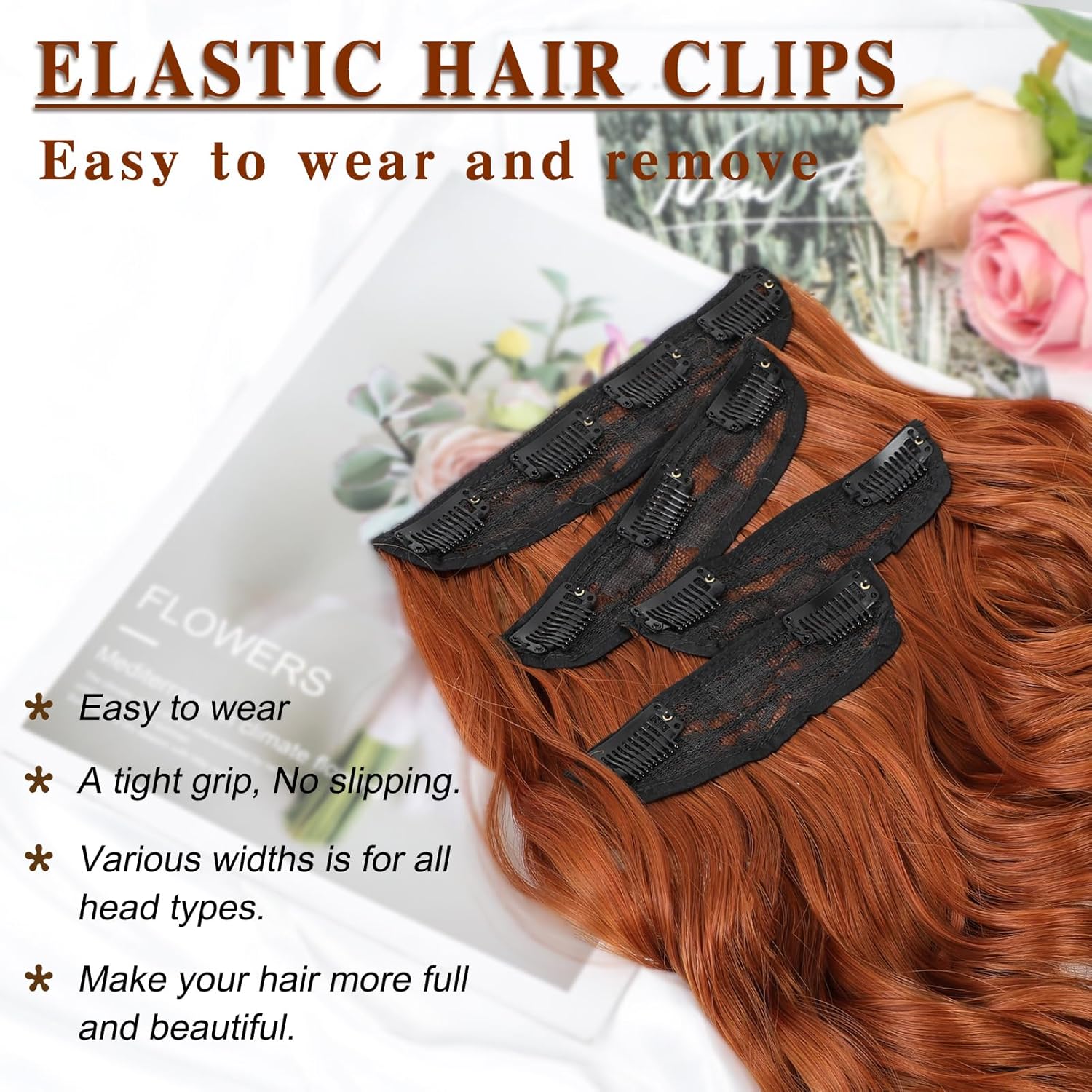 Dorsanee Extensiones de cabello con pinzas, extensiones de cabello color jengibre, 20 pulgadas, 4 piezas, extensiones de cabello sintético largo