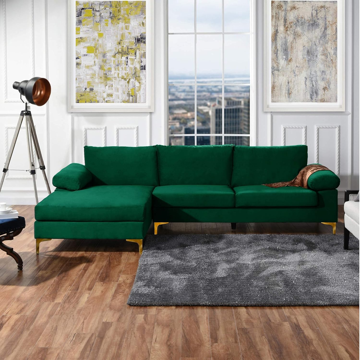 Sofá modular moderno en forma de L, con diván extra ancho y patas doradas
