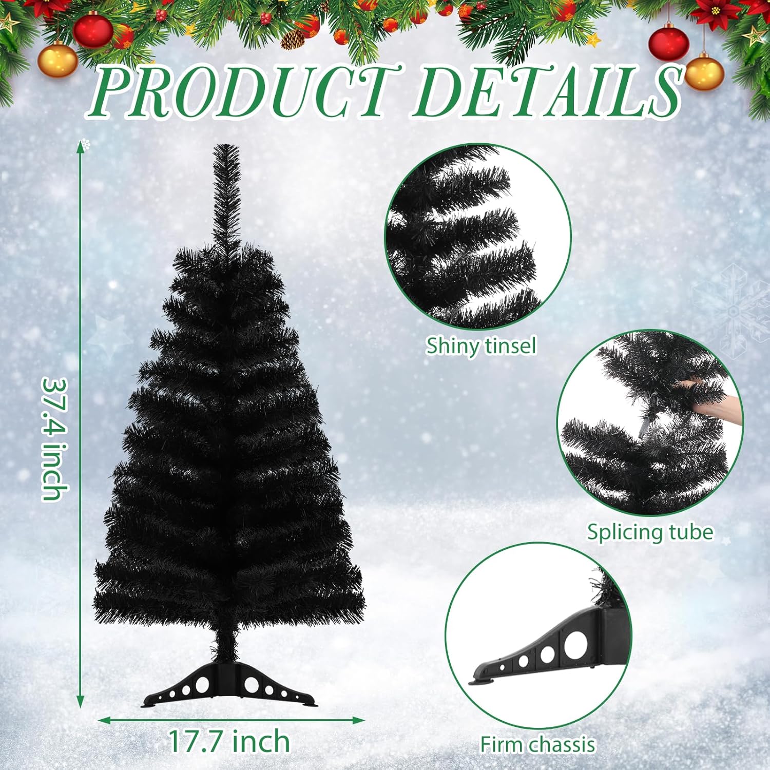 Árbol de Navidad artificial negro de 3 pies, pino de Navidad de mesa con base de soporte de PVC para Navidad, Halloween, hogar, oficina, decoración