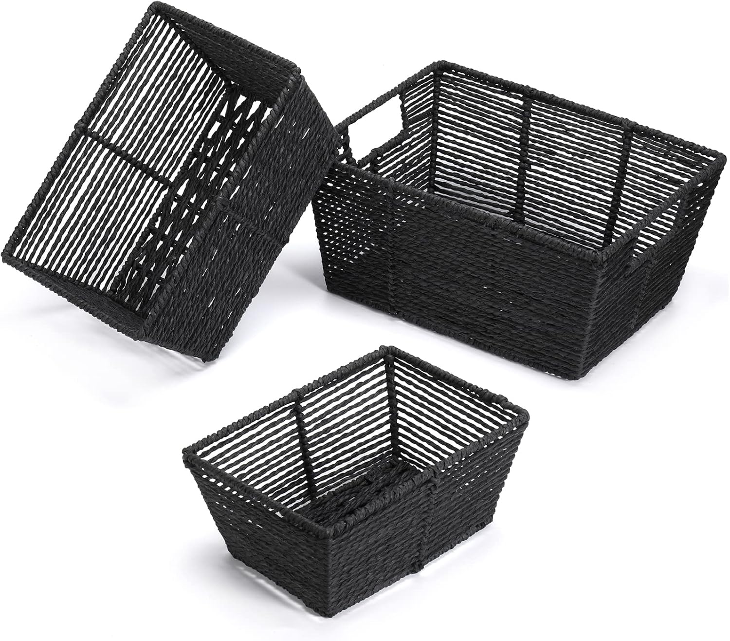Vagusicc Cestas de mimbre, cestas redondas de cuerda de papel negro para almacenamiento, cestas tejidas rectangulares para organización y