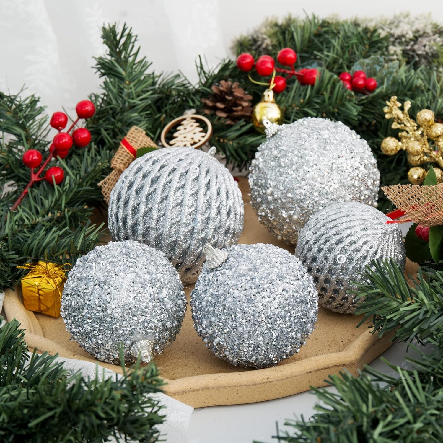Adornos de bola de Navidad de 3.15 pulgadas, 12 piezas de bolas de lentejuelas con purpurina, bolas para árbol de Navidad, bodas, fiestas,