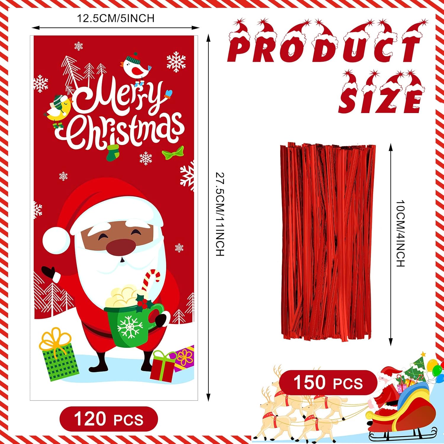 Spiareal 120 bolsas de celofán de Navidad de Papá Noel afroamericano, bolsas de dulces con lazos, suministros de decoración de fiesta de cumpleaños
