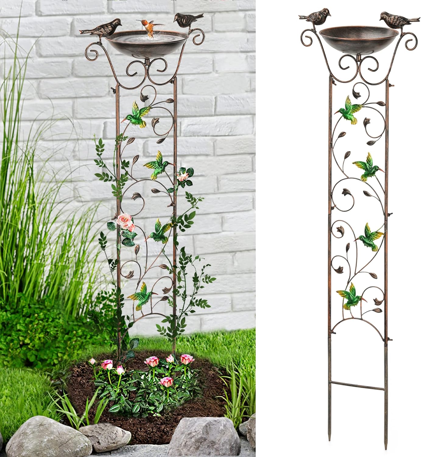 LEWIS&WAYNE Enrejado de jardín para pájaros al aire libre, 40 pulgadas de hierro antiguo enrejado decorativo con colibríes y cuenco desmontable para
