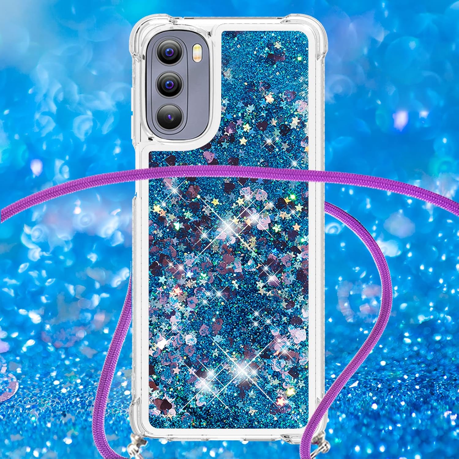Asuwish Funda de teléfono para Moto G Stylus 2022 4G con protector de pantalla y correa cruzada, con purpurina líquida, cubierta protectora delgada