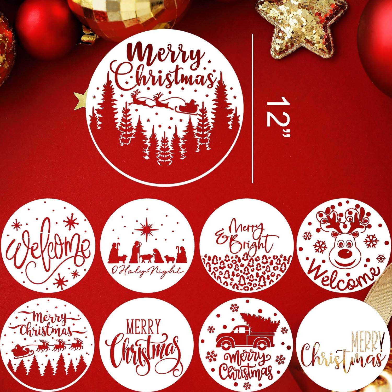 Plantillas navideñas de 12 pulgadas para madera, plantillas redondas de Navidad para pintar plantillas de vacaciones, plantillas de dibujo de Feliz