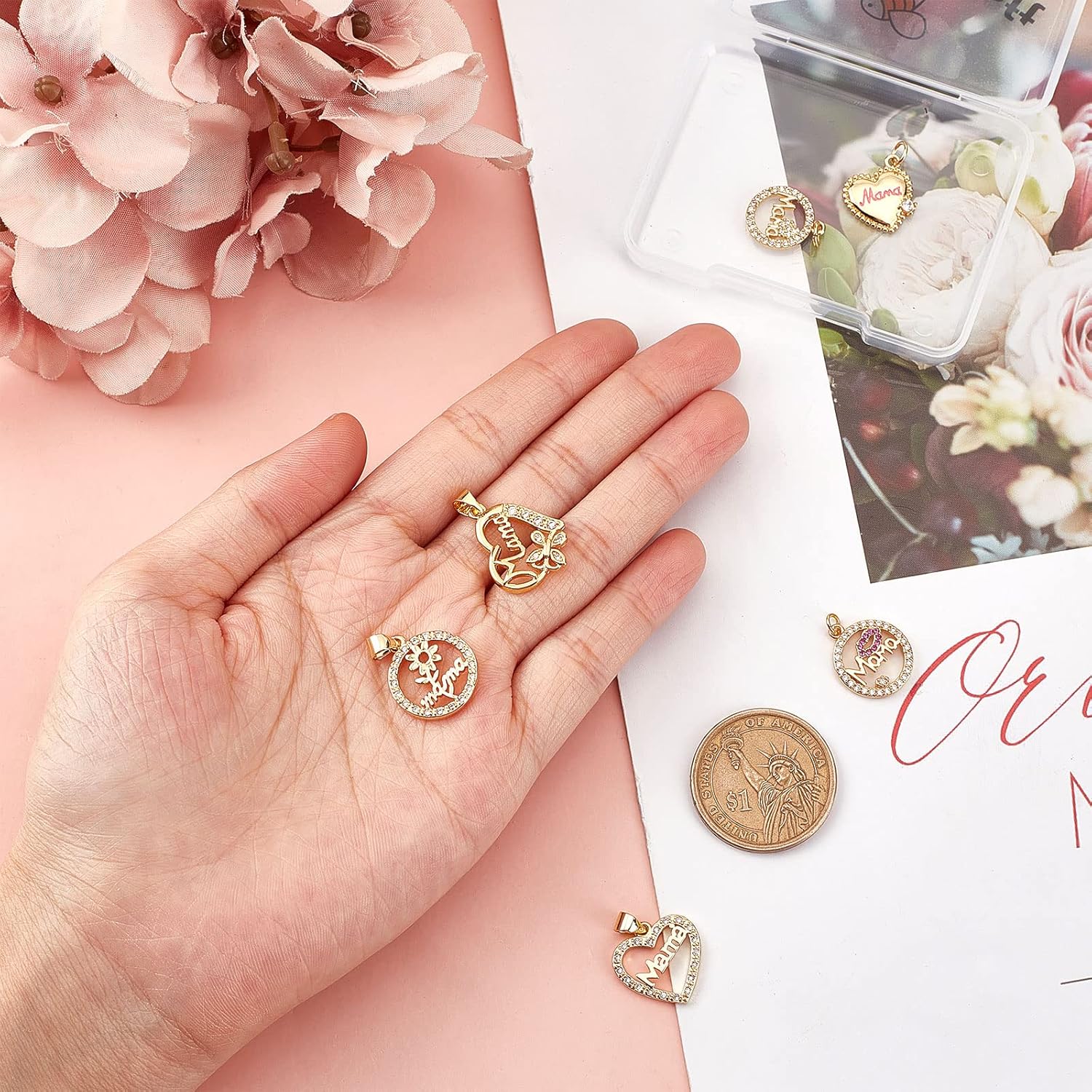 Beebeecraft 6 dijes chapados en oro de 18 quilates con forma de corazón redondo y plano para el Día de la Madre, Día de la Madre, cumpleaños,