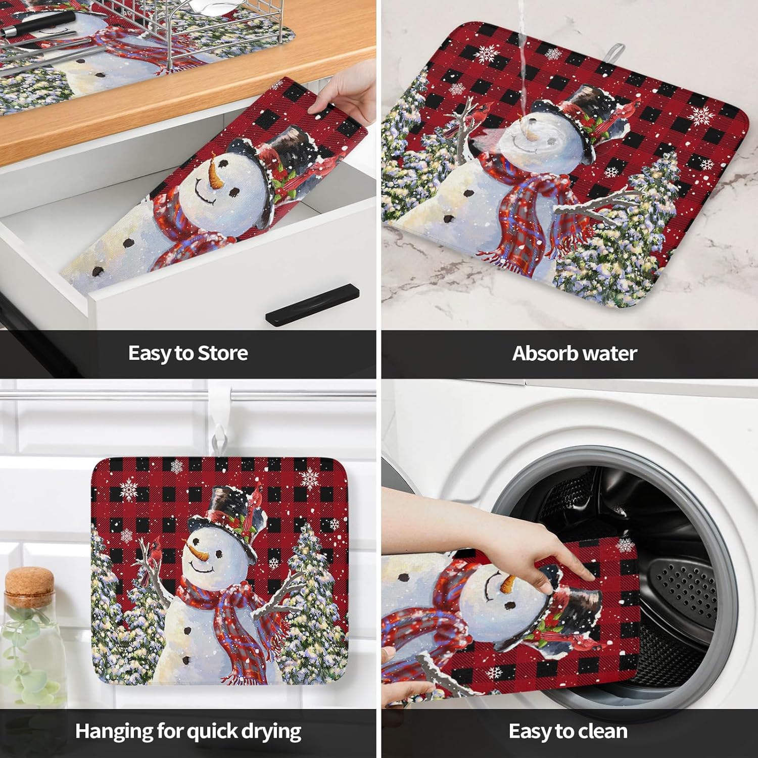 Tapete de secado de platos con diseño de árbol de Navidad, muñeco de nieve para encimera de cocina, tapete absorbente de microfibra de búfalo rojo,