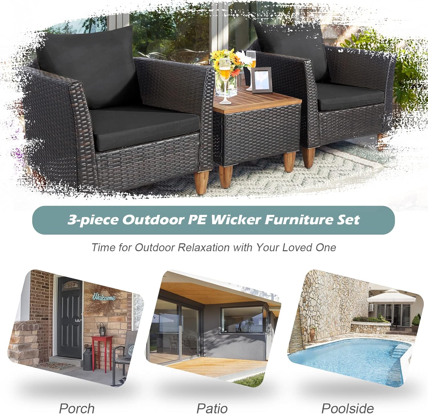 Tangkula Patiojoy Juego de muebles de patio de 3 piezas, juego de bistró de mimbre de polietileno para exteriores con cojines suaves y madera de