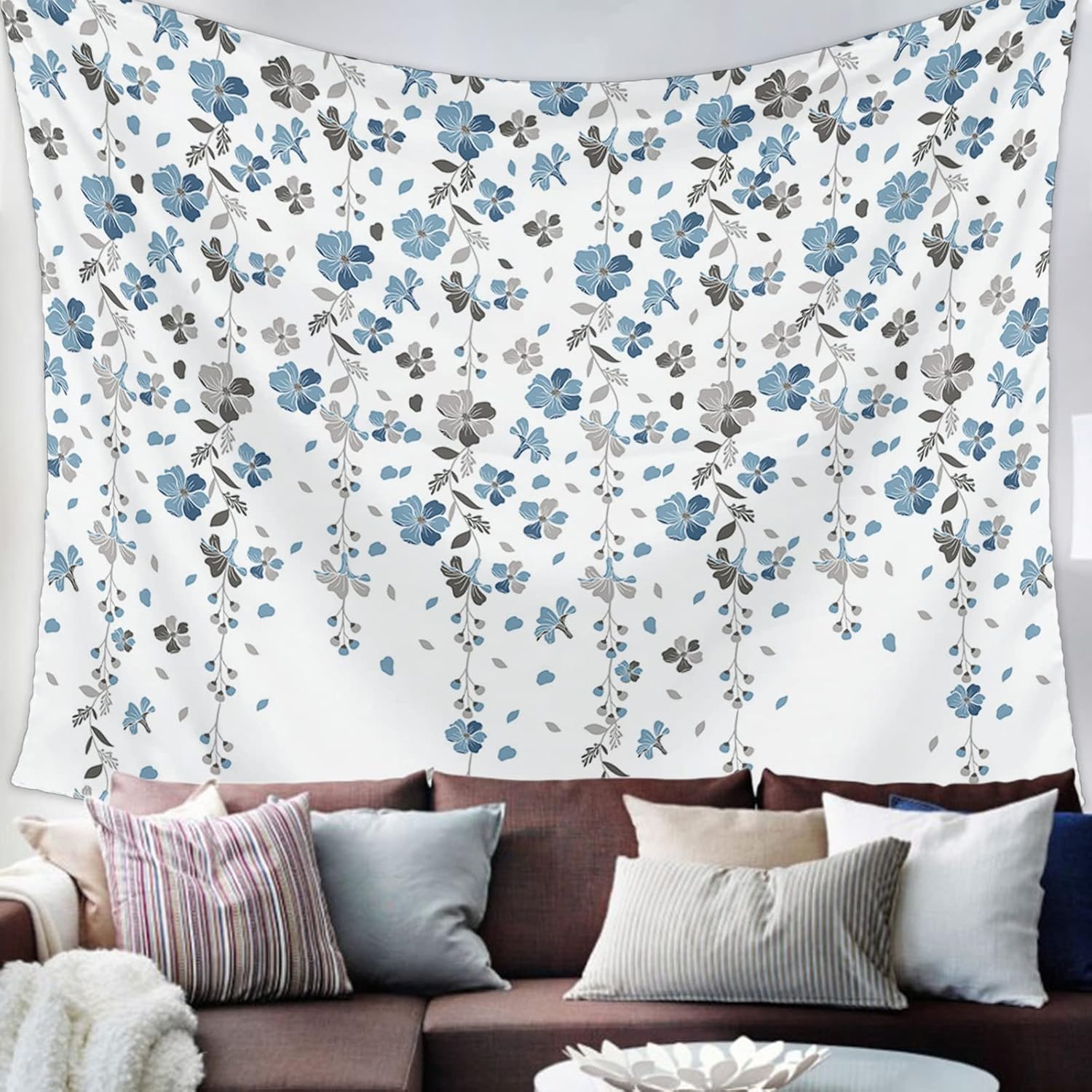Tapiz para colgar en la pared, tapices florales azules y grises, tapiz estético de flores de primavera para dormitorio, sala de estar, dormitorio