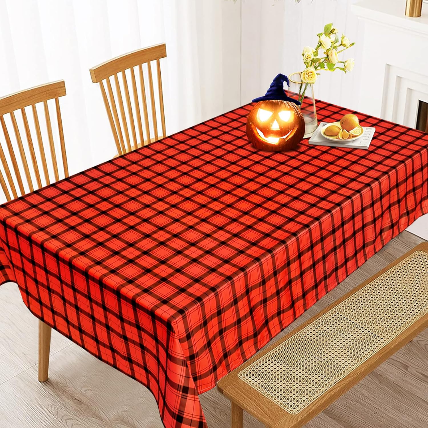 Mantel rectangular de otoño, mantel de Acción de Gracias a cuadros de búfalo naranja, impermeable, lavable a máquina, para decoración de cenas de