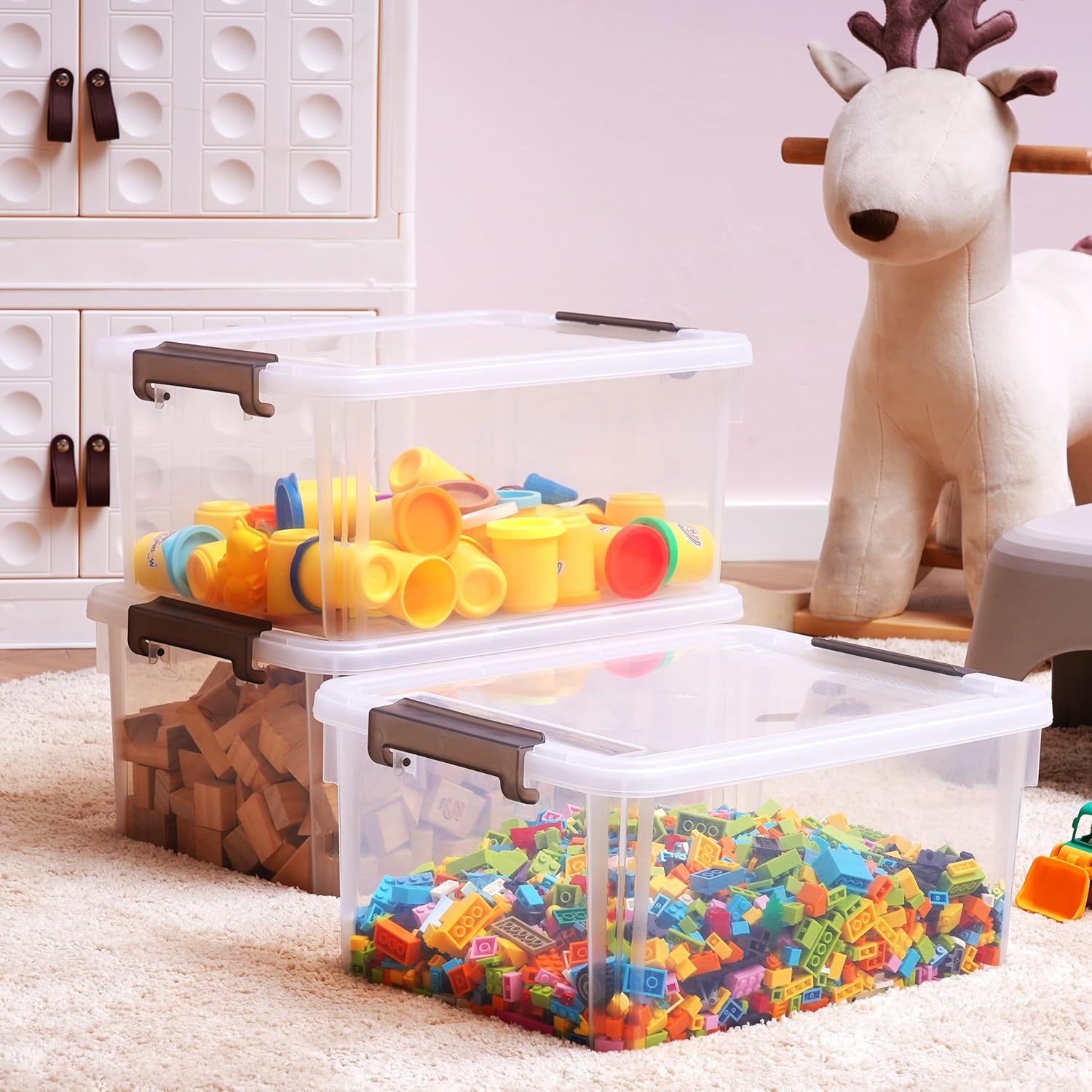 Contenedores de almacenamiento de plástico con tapas, contenedores de almacenamiento transparentes para organizar, caja de almacenamiento apilable