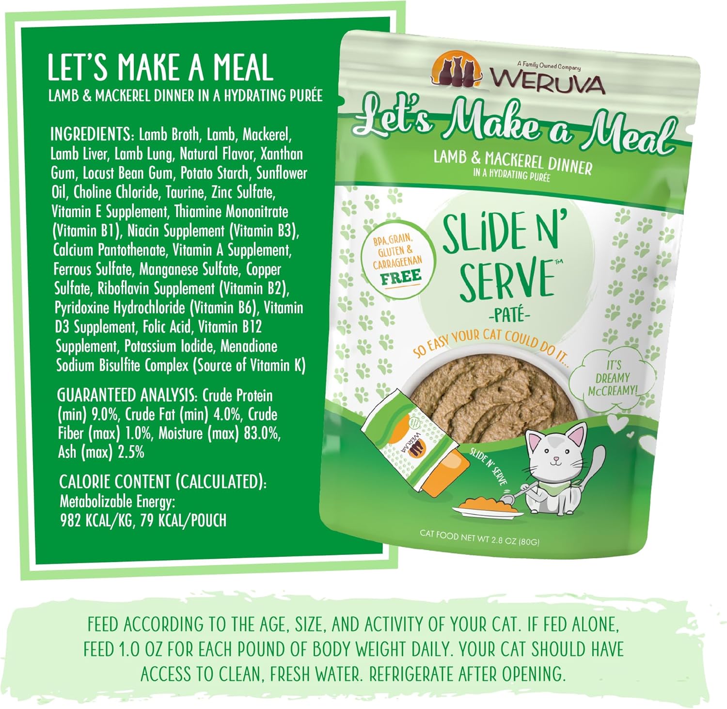 Weruva Slide N’ Serve Paté, alimento húmedo para gatos, Let’s Make a Meal, cena de cordero y caballa, bolsa de 2.8 oz (80 g) (paquete de 12)