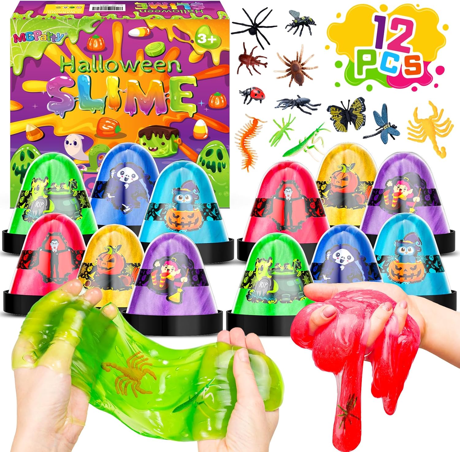 MGparty Recuerdos de fiesta de Halloween para niños, paquete de 12 unidades de slime con insectos de plástico, juguetes de limo para aliviar el