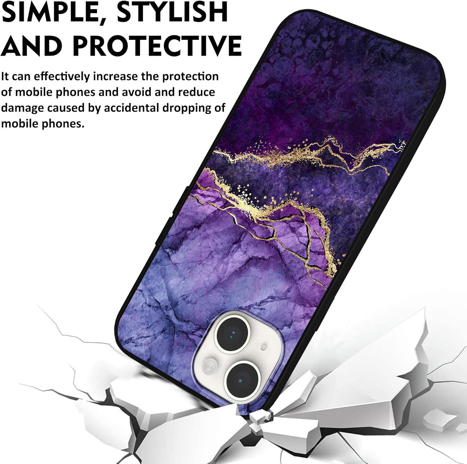 Diseñada para iPhone 15 Plus, funda de teléfono con patrón de mármol morado y venas doradas, para iPhone 15 Plus de 6.7 pulgadas, TPU suave,