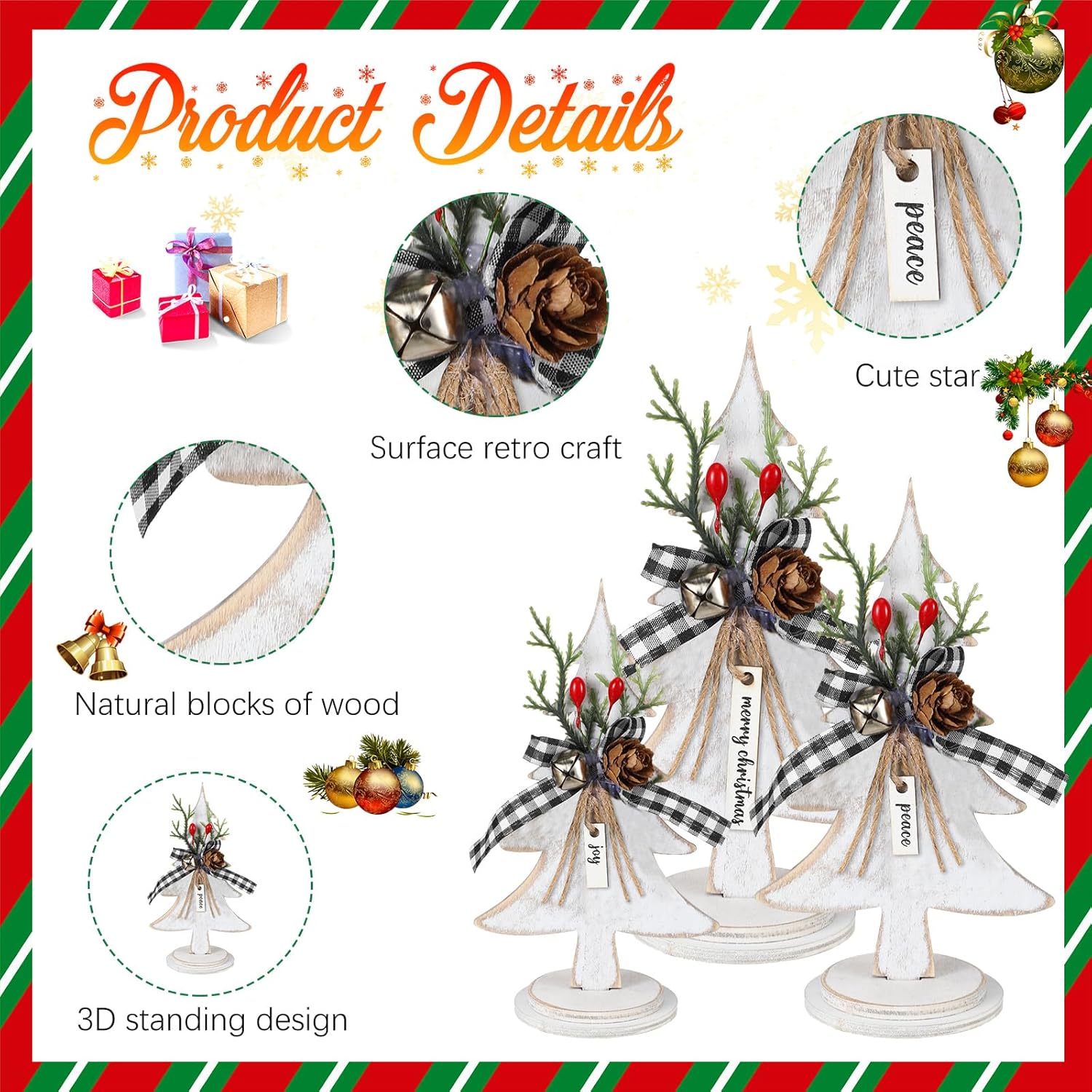 Soaoo 3 piezas de árboles de Navidad de madera, decoración de mesa, árboles de Navidad de madera rústica, centros de mesa independientes, centro de