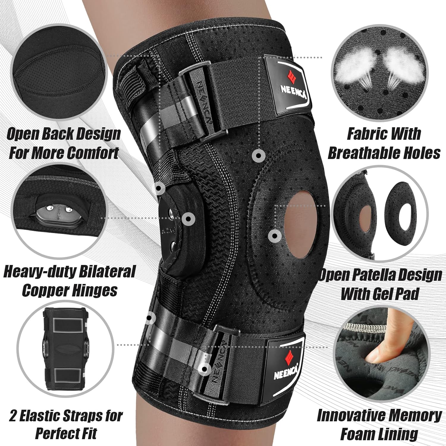 NEENCA Rodillera profesional para dolor de rodilla, soporte ajustable con bisagras con estabilizadores laterales extraíbles, estabilidad para