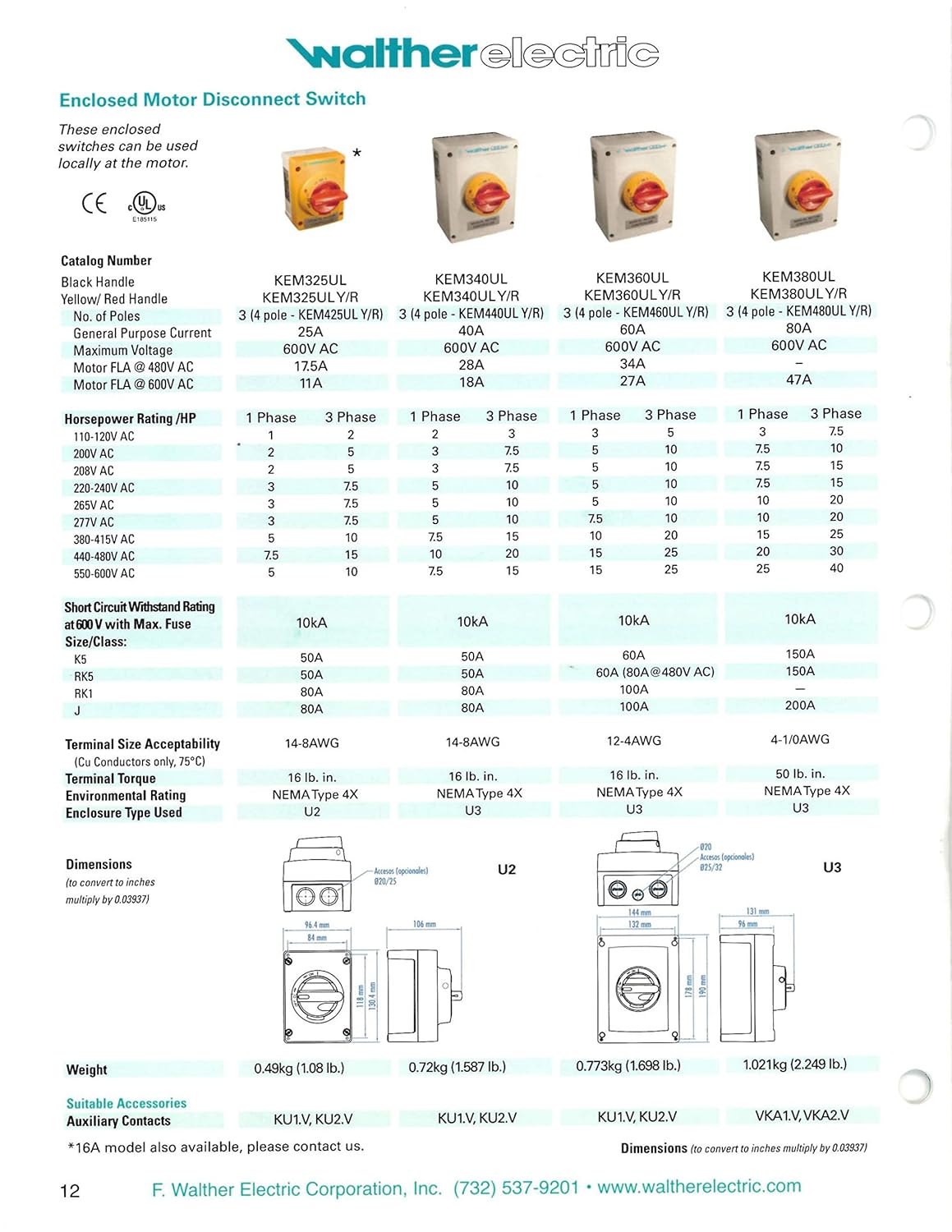 Walther Electric KEM340UL YR Interruptor de desconexión de motor cerrado, 3 polos, 40 A 600 V, IP65 Nema 4X resistente al agua, seguro con