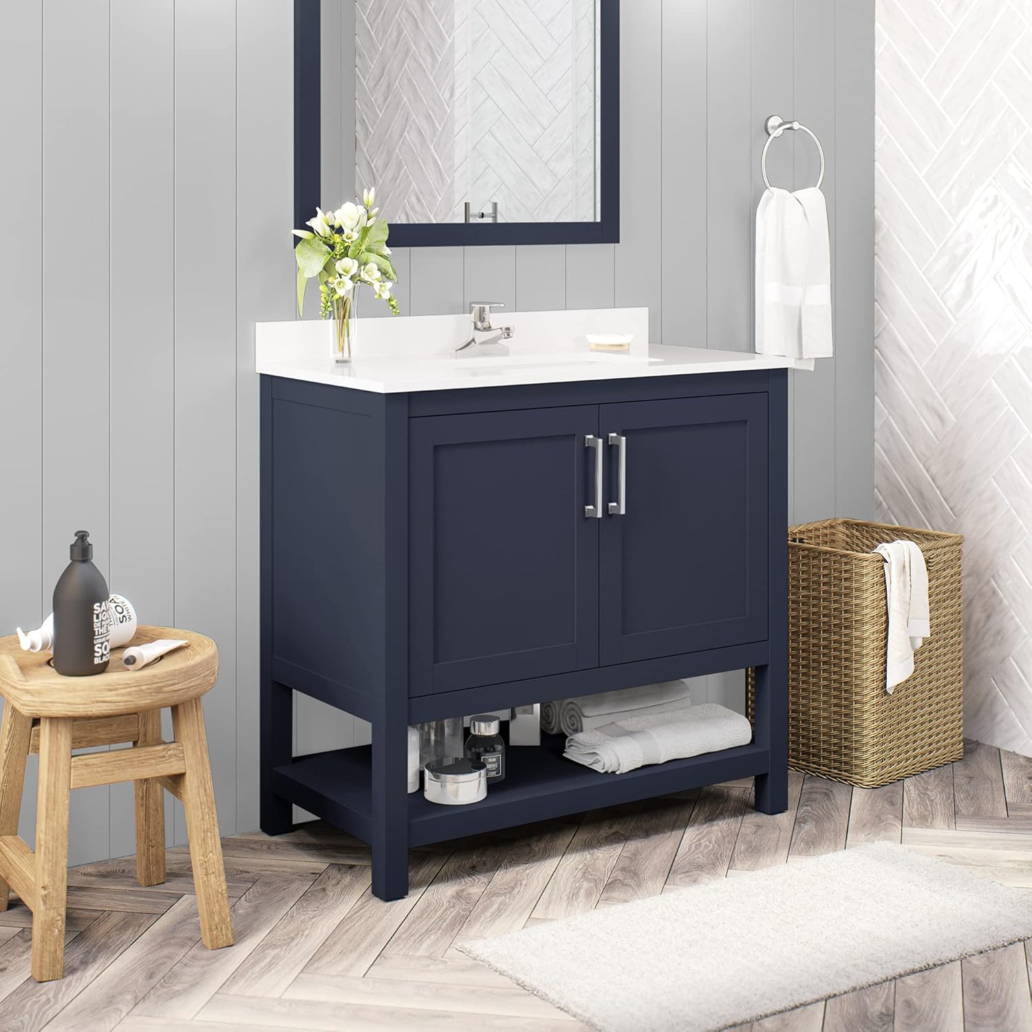 Ove Decors Vegas – Lavabo individual para encimera de mármol cultivado, 36 pulgadas, color azul medianoche