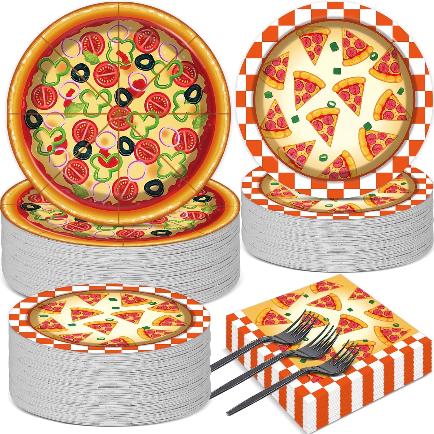 Qyeahkj Juego de platos y servilletas para fiesta de pizza, para 50 invitados, para fiestas de cumpleaños, decoración de vajilla para niños, niñas,