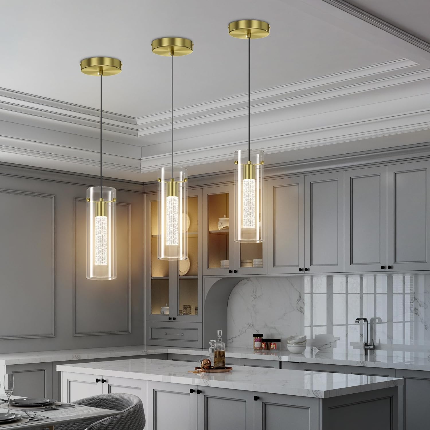 Aipsun Luces colgantes para isla de cocina, paquete de 3 lámparas colgantes de techo doradas de 3000 K modernas luces colgantes LED para cocina,