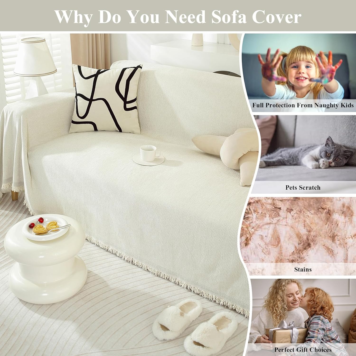 EAVD Fundas de sofá beige para sofá seccional en forma de L, fundas de sofá de felpilla gruesa para sofá de 2 cojines, funda de sofá bohemia con