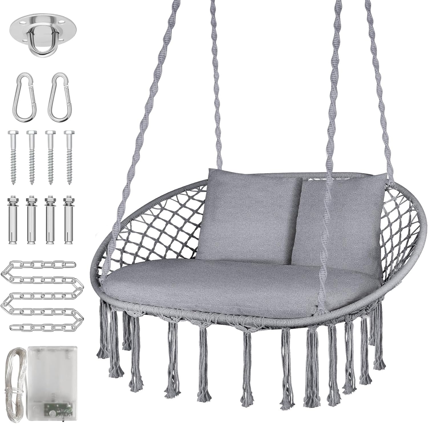 Silla oscilante doble, silla colgante grande de macramé con 3 cojines y accesorios de montaje, silla oscilante tejida a mano para dormitorio, patio,